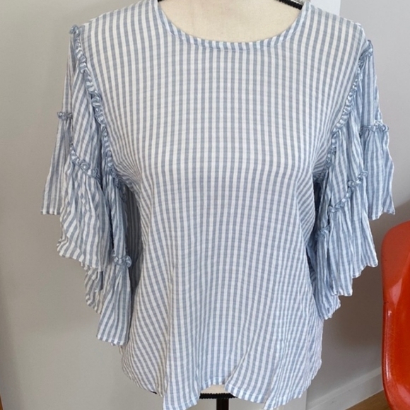 Anthropologie Pilcro Blue and White Stripes with Ruffle Sleeves Blouse - Picture 4 of 11